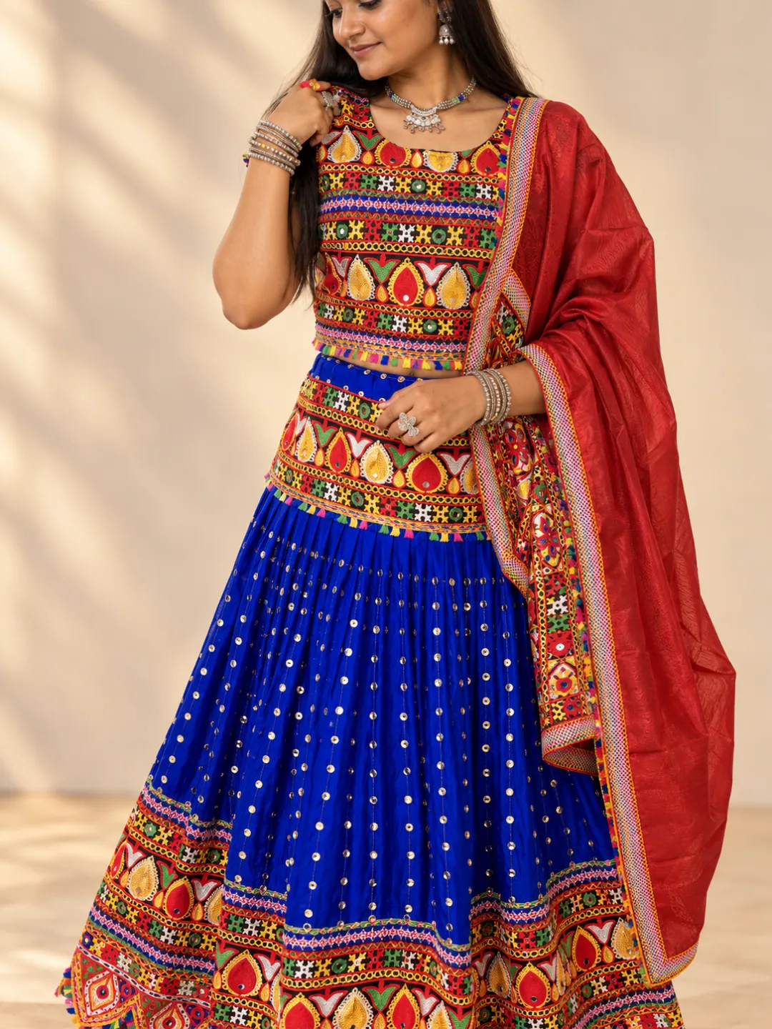 Royal Blue Mirror Work Chaniya Choli — close-up of the embroidered yoke