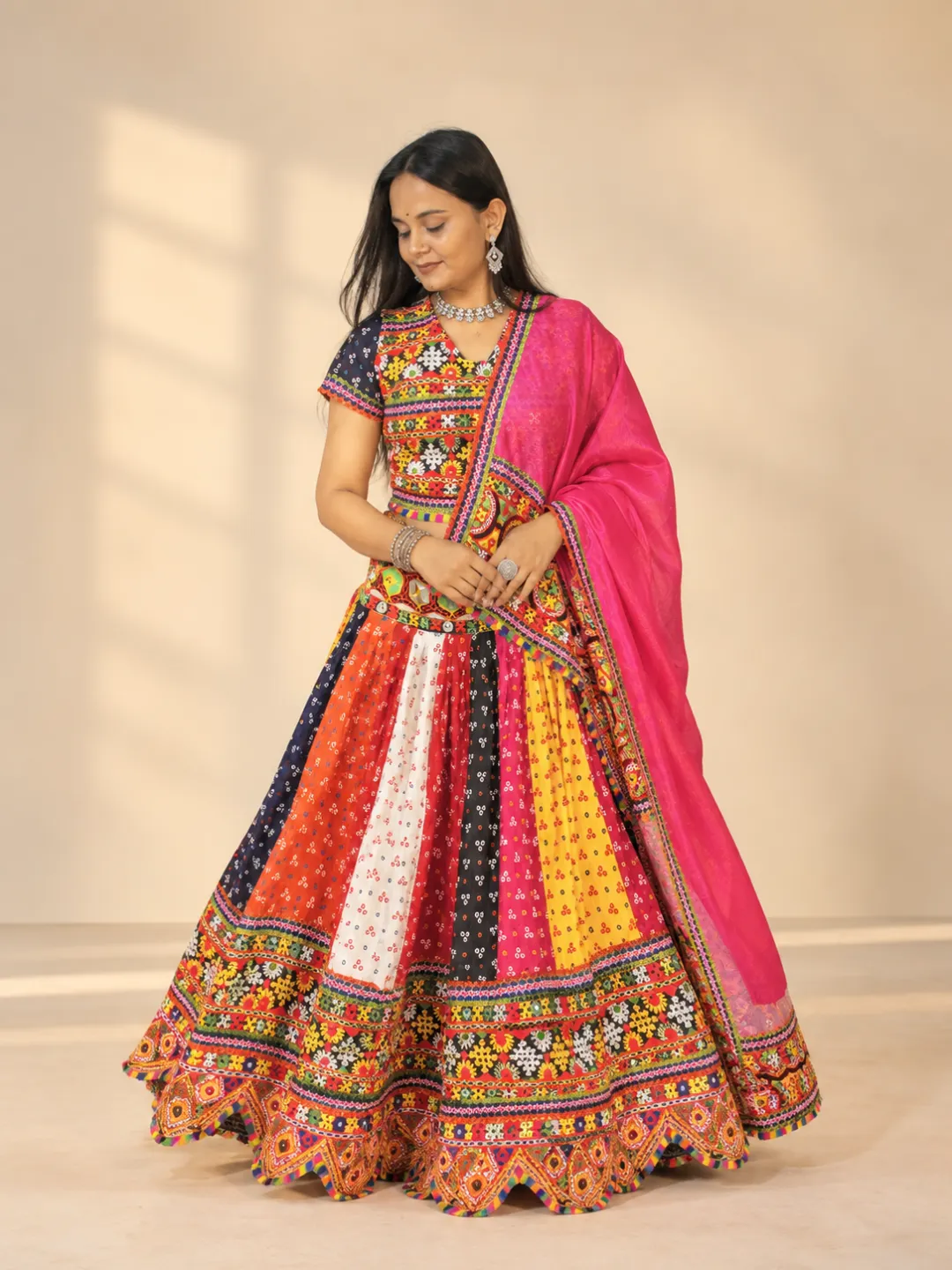 Multicolour Panelled Bandhani Chaniya Choli — full length view